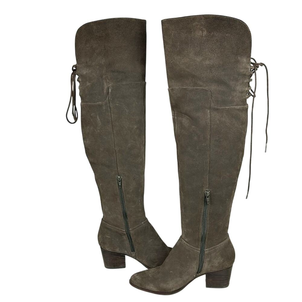 Aldo Womens 7 Gray Suede Over Knee Boots Lace Back Heeled Leather